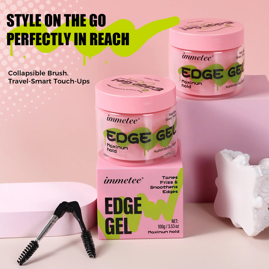 immetee Edge Gel, Frizz Control Strong Hold Hair Styling Gel with Edge Control Brush,100g